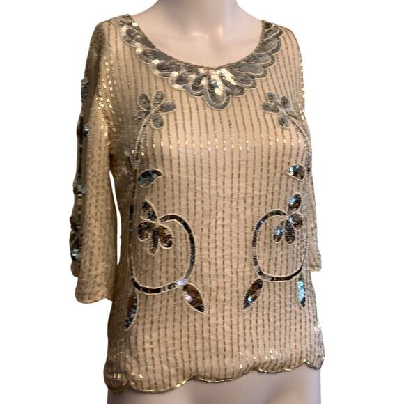 Vintage 60s Ivory Sequin Floral Beaded Silk Top Sz M 3/4 Sleeve Scalloped Beaded - Picture 13 of 16